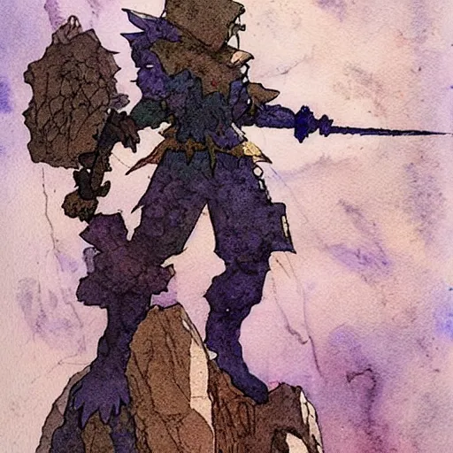 Image similar to watercolor, barbarian on mars, standing on boulder facing clouded expanse, , final fantasy tactics character, artwork by harry clarke, shrouded