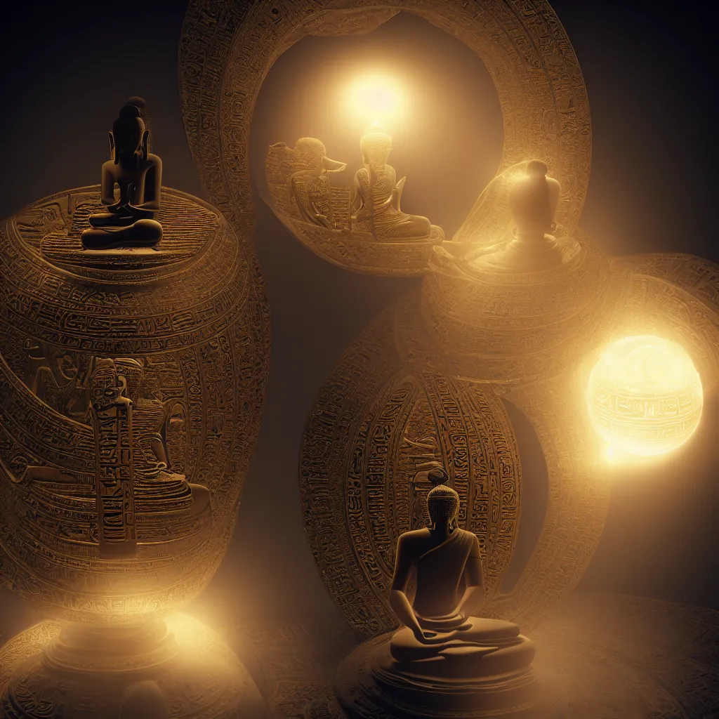 Image similar to meditating buddha sitting inside intricate sacred egyptian orb, floating in a void surrounded by a parhelion sundog in volumetric lighting., ornate, photorealistic, ultra detailed, octane render, high definition, depth of field, bokeh, 8 k, artstation, cgsociety