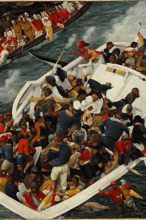 Image similar to whaling boat filled with nfl football players in helmets and pads, football helmets, american school, whaling painting, robert wyland