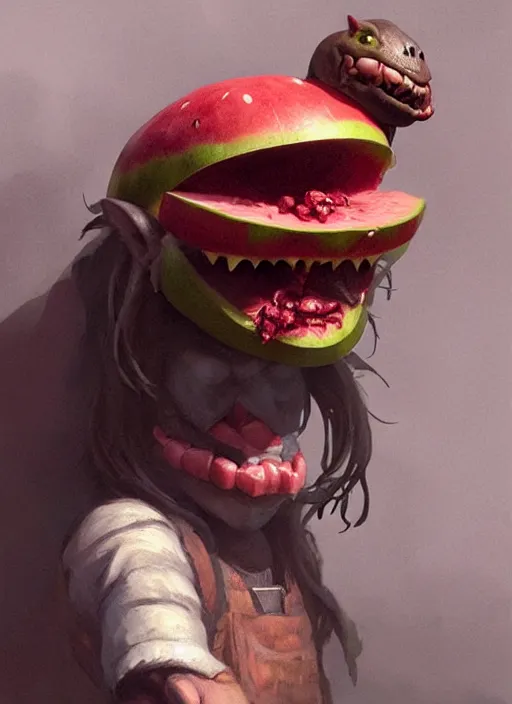 Image similar to hyper realistic photography portrait of smiling goblin with a watermelon helmet cinematic, greg rutkowski, brom, james gurney, mignola, craig mullins, artstation, cgsociety