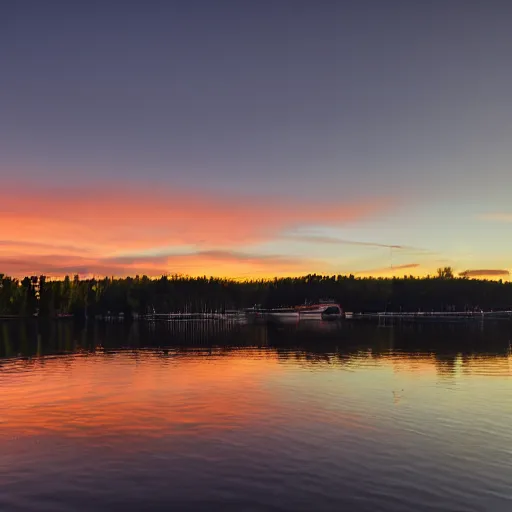 Prompt: sunset on the nasijarvi in tampere finland over the water. cinematic. 8 k.