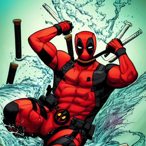 Prompt: Deadpool in a pool of Deadpools, comic art, digital art, detailed, professional