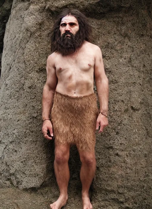 Image similar to caveman wearing clothes designed by Carol Christian Poell