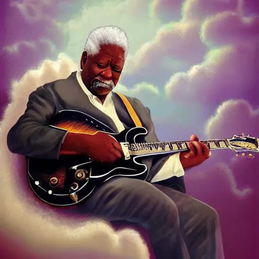 Prompt: b. b king, sitting in a fluffy cloud, playing an electric semi - hollow guitar. beautiful realistic digital art, dramatic, moody