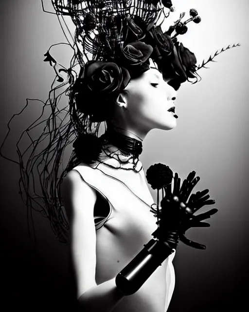 Image similar to dreamy surreal poetic black and white photo of a beautiful young bio-mechanical-female-jellyfish-cyborg-plant-plastic-robot with a very long neck and a super big gothic lace collar and a very high big floral crown with many black dry roses by Vivienne Westwood:: smoke, high fashion, haute couture, rococo, avant-garde, elegant, dreamy, hyper realistic, 150 mm lens, soft rim light, octane render, unreal engine, picture was taken in 1910 by Dora Maar, volumetric lighting, dramatic light,8k,