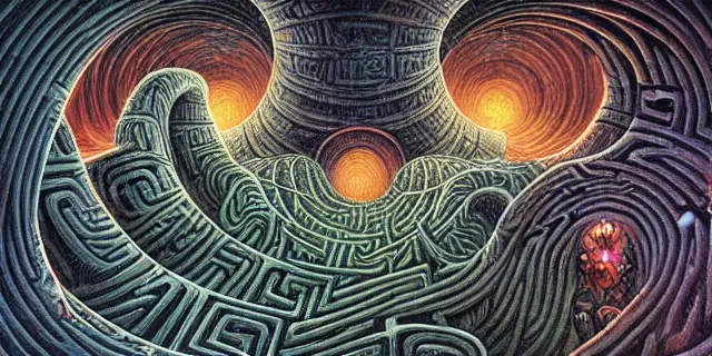 Image similar to maze labyrinth nebulapunk by dan seagrave with hidden alien creatures by ken barthelmey