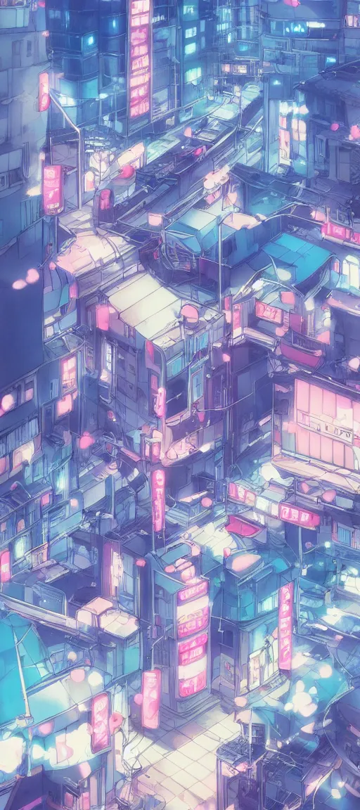 Prompt: beautiful anime! style vaporware tokyo japan, kawaii anime manga style, illustration, aesthetic, muted color disposition, minimalistic, simple art, neon pastel, hayao miyazaki