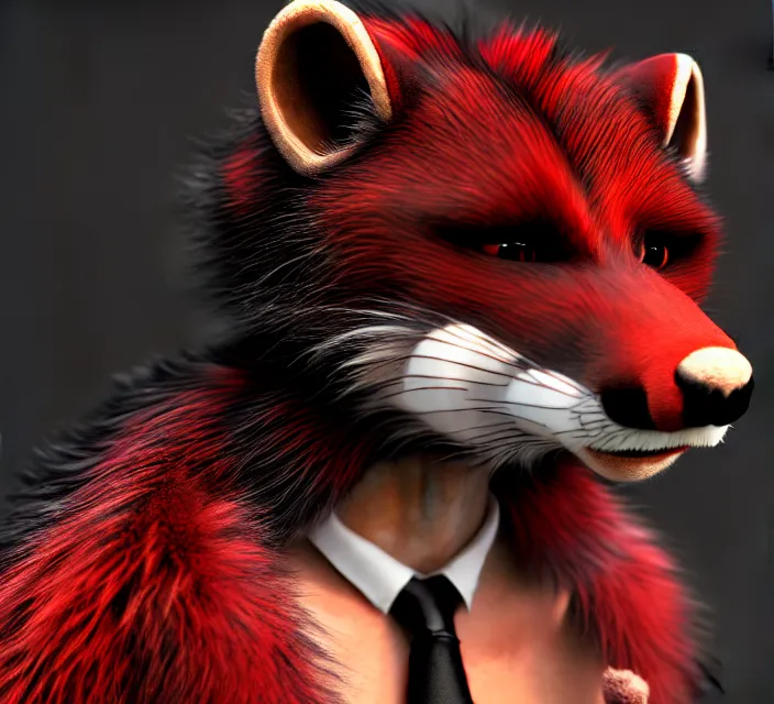 Image similar to furry - male - red - black - weasel - geistcaller - fursona uhd ue 5 visual novel pc game expressions, photorealistic