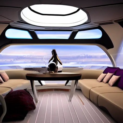 Image similar to 8 k photography of spacious quarters on a futuristic starship, large side window view of stars in dark space, low lights, couch facing window with open bottle of liquor on table, muted colors, somber, trending on artstation