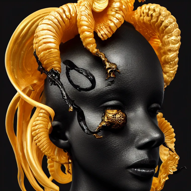 Image similar to black background. goddess princess face close-up portrait ram skull. sculpture made of gold and black charcoal. jellyfish phoenix head, nautilus, orchid, skull, betta fish, bioluminiscent creatures, intricate artwork by Tooth Wu and wlop and beeple. octane render, trending on artstation, greg rutkowski very coherent symmetrical artwork. cinematic, hyper realism, high detail, octane render, 8k