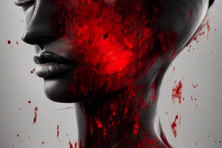 Image similar to surreal Half-body Portrait of beautiful seductive Dark demonic godeness of destruction and war covered in blood , elegant, highly detailed, smooth, photoreal, sharp focus, illustration, beautiful, geometric, dmt trending on artstation, cinematic, artwork by WLOP