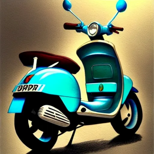 Image similar to a turquoise vespa moped, realistic, concept art, intricate details, detailed, rim light, photorealistic, pencil and watercolor, art by artgerm and greg rutkowski