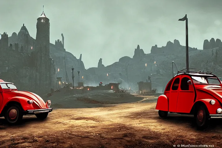 Image similar to red and black citroen 2 cv ( 1 9 6 5 ) driving across the rift, riften city in the background, epic fantasy, the elder scrolls v : skyrim, dramatic lighting, establishing shot, by simon stalenhag