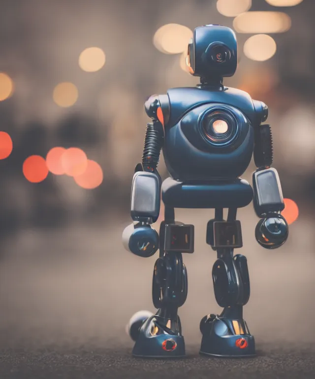 Image similar to high quality presentation photo of a retro toy robot with glowing eyes, photography 4k f1.8 anamorphic bokeh 4k Canon Nikon