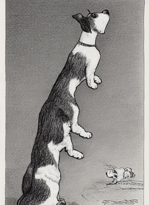 Image similar to candid portrait of jack russel dog looking up, from behind, night sky, highly detailed, side view, illustrated by peggy fortnum and beatrix potter and sir john tenniel