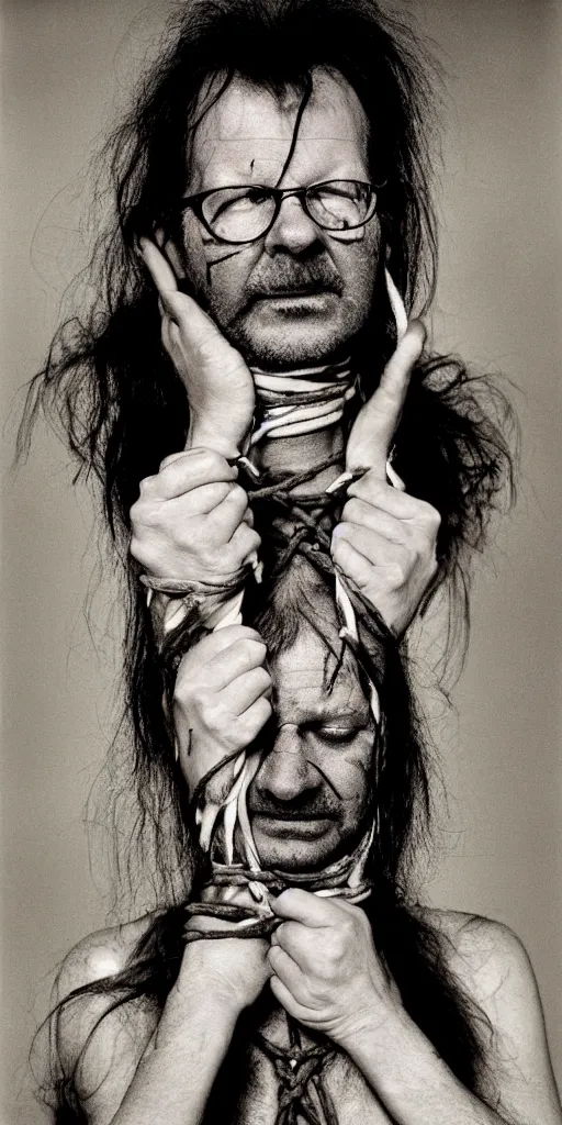 Prompt: award winning photo of lars von tied up crying, vivid colors, happy, symmetrical face, beautiful eyes, studio lighting, wide shot art by sally mann & arnold newman