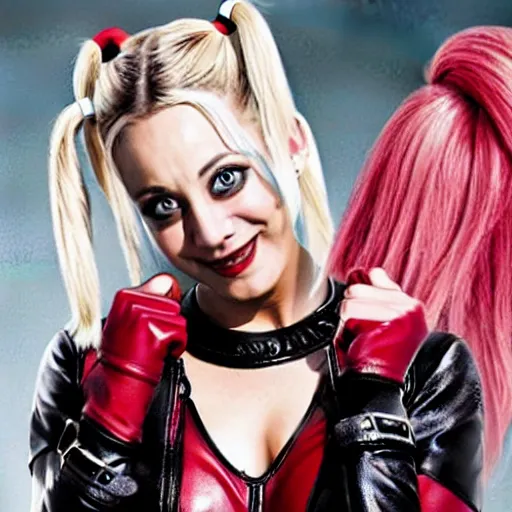 Image similar to A still of Kaley Cuoco as Harley Quinn