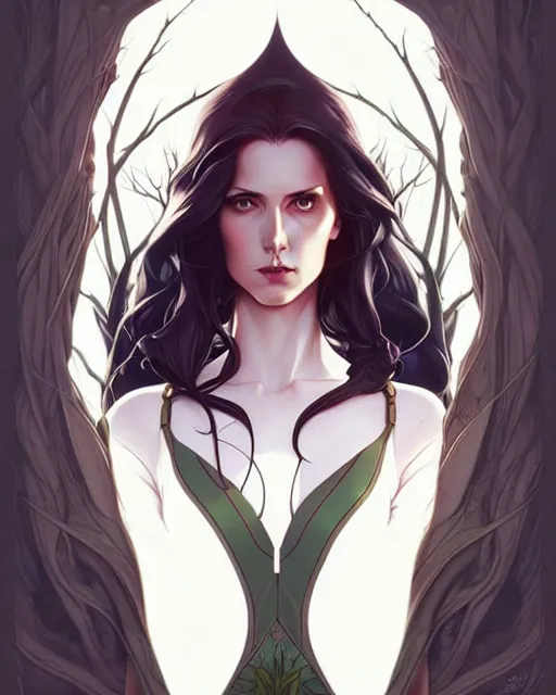 Image similar to artgerm, joshua middleton comic cover art, full body pretty female elven wood elf, symmetrical eyes, symmetrical face, long curly black hair, beautiful forest, rim lighting