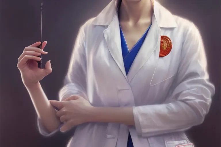 Image similar to an elegant and beautiful chinese female doctor in a white coat in a hospital ward, cinematic, highly detailed, digital painting, artstation, concept art, matte, sharp focus, illustration, art by artgerm and greg rutkowski