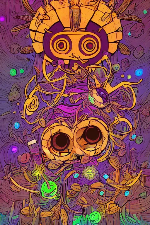 Image similar to knit majora's mask tribal feather gemstone plant wood rock shaman vodoo video game vector illustration vivid color borderlands by josan gonzales and dan mumford radiating a glowing aura