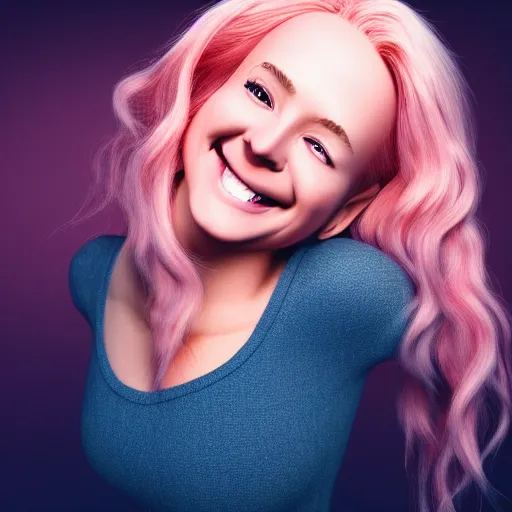 Image similar to beautiful hyperrealism selfie of a cute 3 d young woman smiling smugly, long light pink hair, flushed face, small heart - shaped face, amber eyes, golden hour, 8 k, instagram