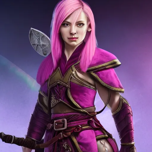 Image similar to beautiful, pink short haired, half elf woman, healer wearing cleric clothing and holding a shield, dungeons and dragons, character portrait, full face render, crimson eye color, 4 k, 8 k, hyper detailed, back lighting