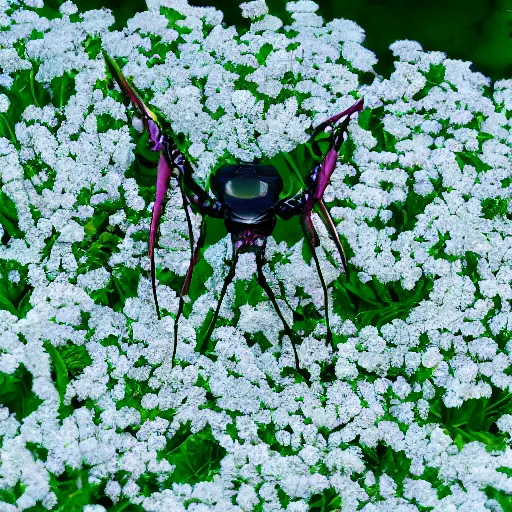 Image similar to rose chafer with quadcopter drone wings creating turbulence above rose flowers black background