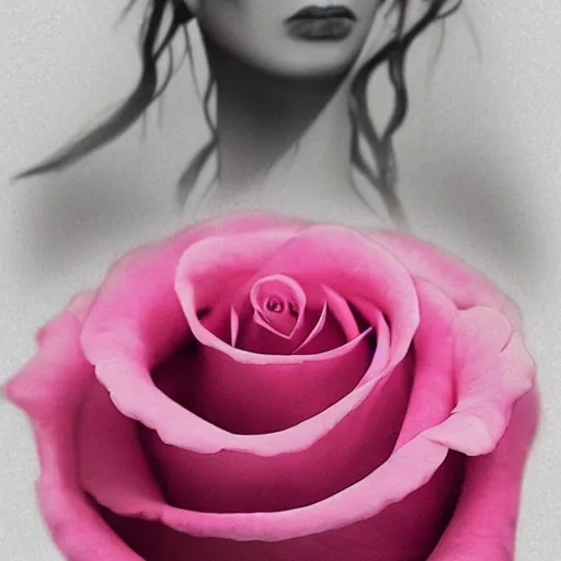 Prompt: a large pink rose with a beautiful womans face coming from the middle of it, highly detailed, 8k, artstation, cursed