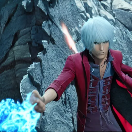 Image similar to a shot of dante from devil may cry in howl's moving castle movie, movie shot, anime, hightly detailed, rescalated 4 k, detailed