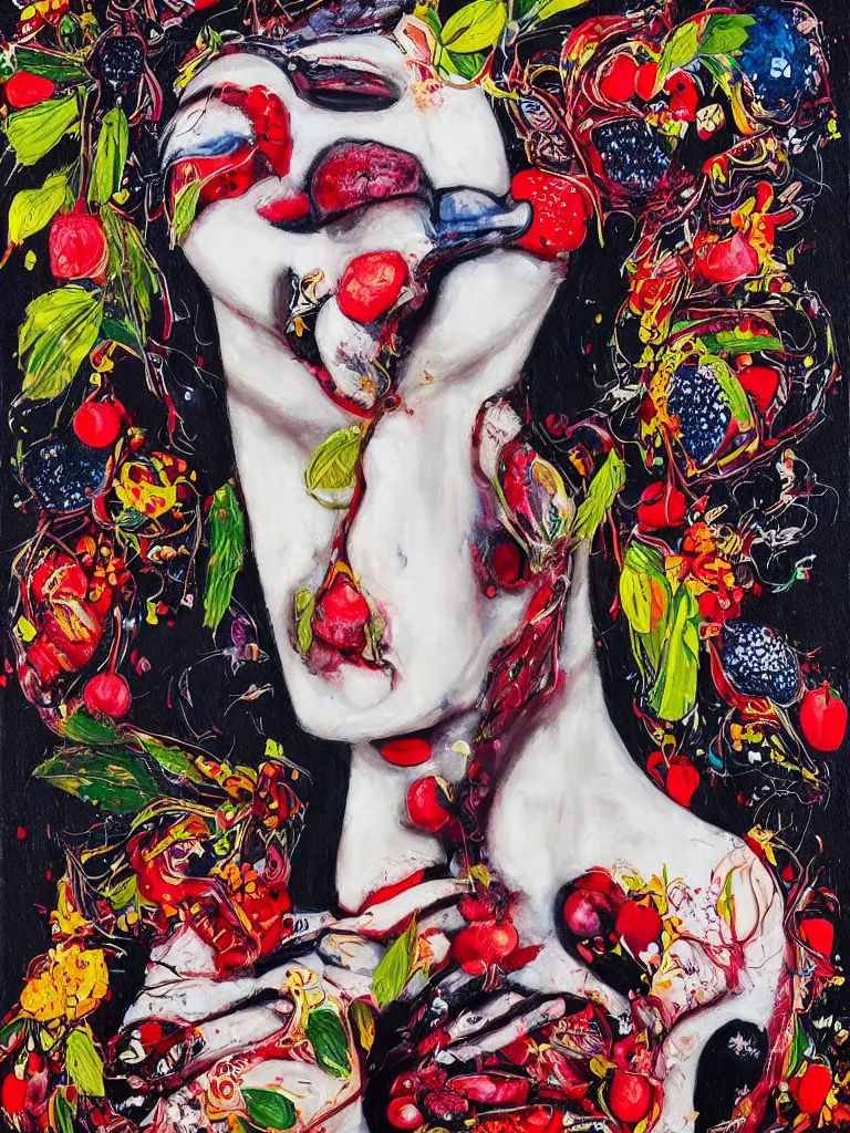 Image similar to “art in an Australian artist’s apartment, organic, portrait of a woman wearing white cotton cloth, neoexpressionist, eating luscious fresh raspberries and strawberries and blueberries, edible flowers, black background, aboriginal Dreamtime, Eora, Gadigal, intricate, bold colour, acrylic and spray paint and wax and oilstick on canvas”