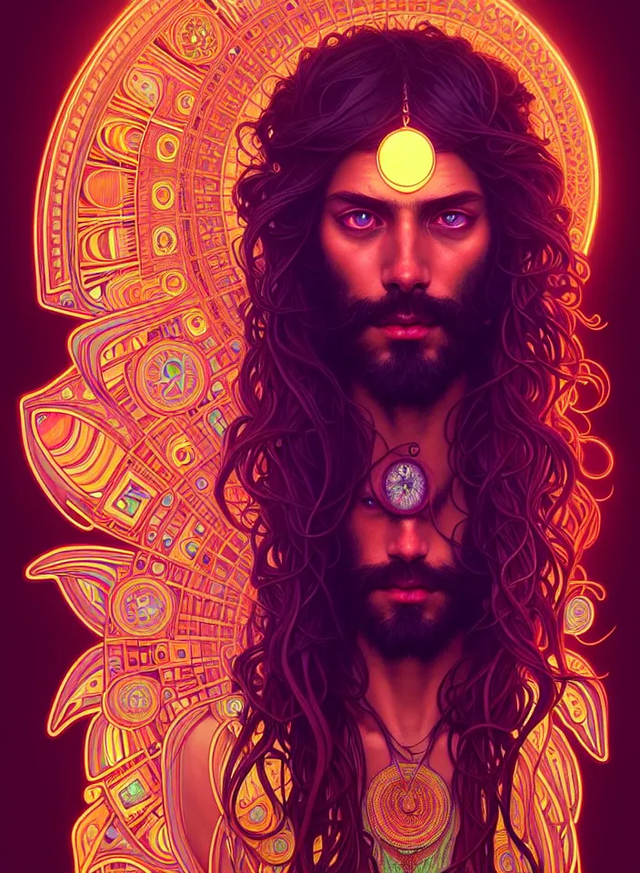 Image similar to symmetry!! portrait of a hippie man, boho outfit, neon glowing eyes!! ambient, intricate, elegant, highly detailed, digital painting, artstation, symmetric concept art, smooth, sharp focus, illustration, art by artgerm and greg rutkowski and alphonse mucha, 8 k