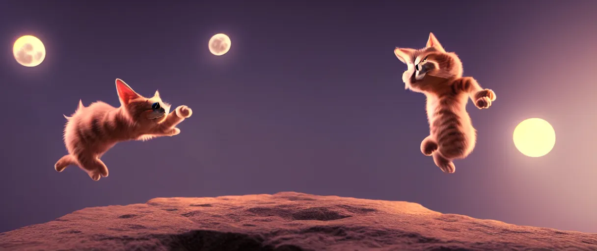 Prompt: hyperrealistic detailed 3d render of a cute moonchy catman jumping around sharp cinematic lighting vray 8k low angle shallow depth of field