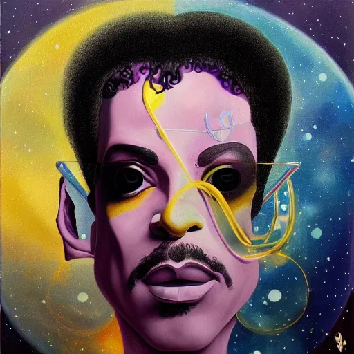 Image similar to a painting of prince in space in the style of dali. trending on artstation.