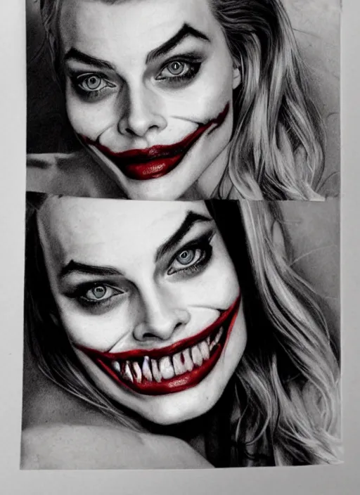 Image similar to tattoo design of beautiful margot robbie slightly smiling with joker makeup on the mouth and holding ace card, in the style of den yakovlev, realistic face, black and white, realism tattoo, hyper realistic, highly detailed