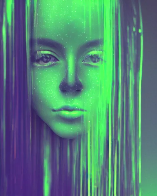 Prompt: featureless serene robotic woman's face, long metallic hair, violet and yellow and green and blue lighting, polaroid photo, 1 9 8 0 s cgi, atmospheric, whimsical and psychedelic, grainy, expired film, super glitched, corrupted file, ghostly, bioluminescent glow, sci - fi