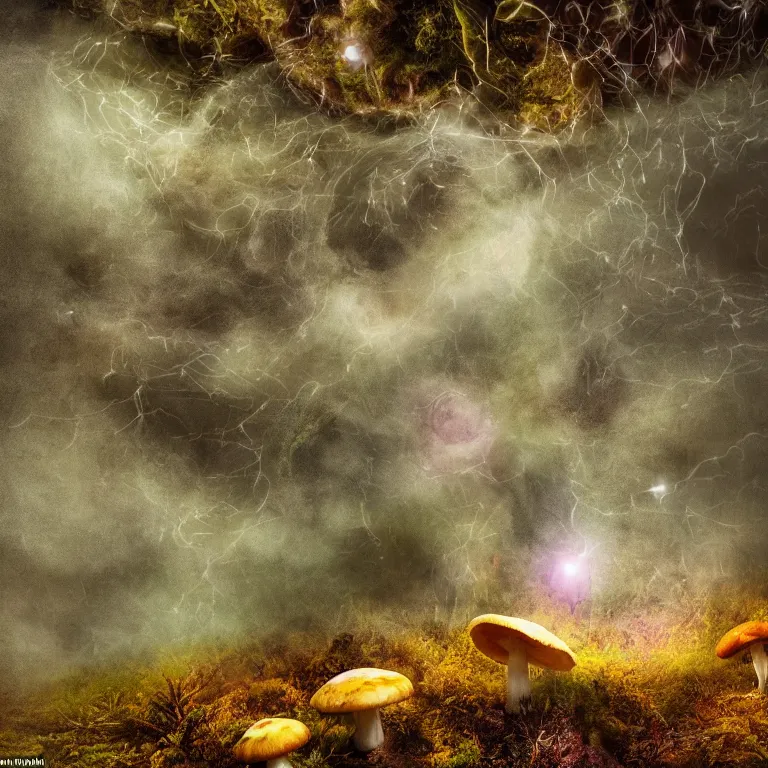 Image similar to a planet of various fungus, mushrooms and plants, inside the picture is infinity, Atmospheric phenomenon, artistic photography, muted colors, conceptual, long exposure outside the city, volumetric light