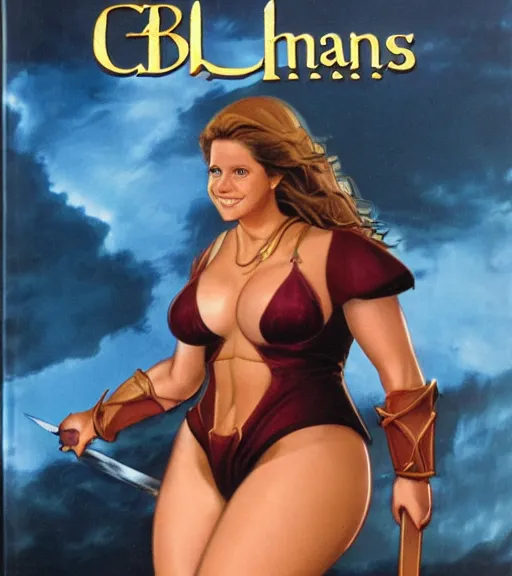 Image similar to 1 9 8 0 s fantasy novel book cover, bbw plus size amazonian young jenna fischer in extremely tight bikini armor wielding a cartoonishly large sword, exaggerated body features, dark and smoky background, low quality print
