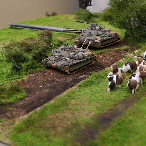 Image similar to 1/35 scale model of Tiger tanks sieging a group of guinea pigs in a garden, 8k, award winning photo, scale model photography,