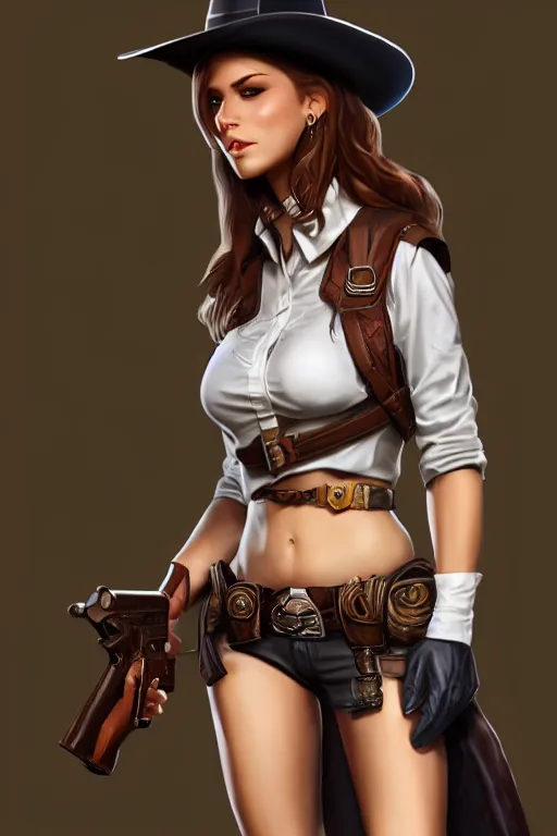 Image similar to full body, female cowgirl, perfect face, white blouse, empty gun holster, 8 k, magic the gathering, desert, d & d, artstation, high detail, smooth, muscular