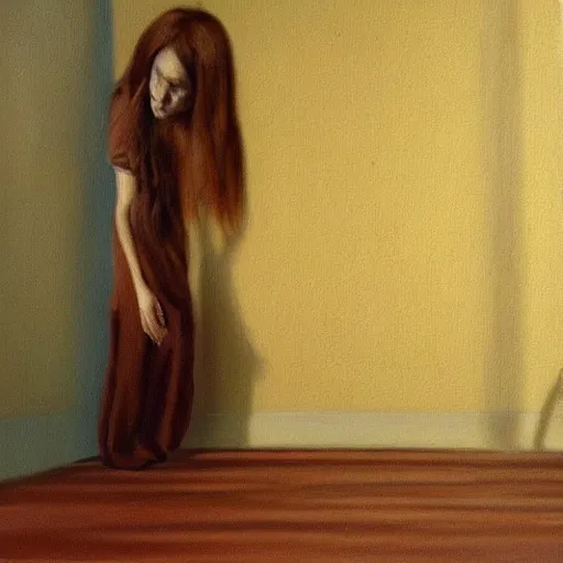 Prompt: a hyper realistic oil painting of a ghost standing at a corner being caught on the camera the ghost is looking at the camera while rising her foot 3 d