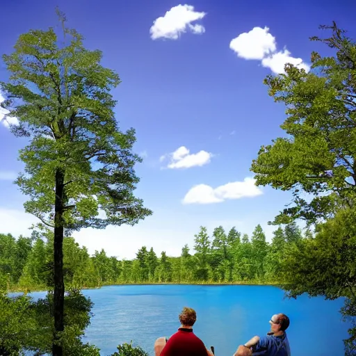 Prompt: two men sitting on a small damn on a river with a tree in the middle with a forest in the background