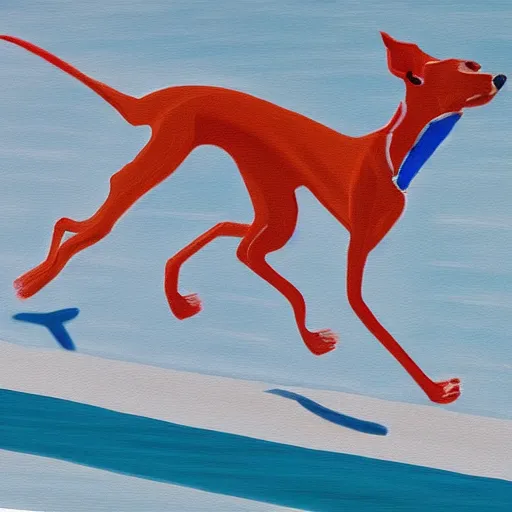 Image similar to close-up of a whippet running at beach, painting by david hockney, highly detailed