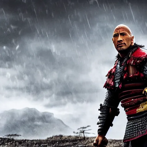 Image similar to Dwayne Johnson as samurai , under rain, dramatic, war ambience, an film still