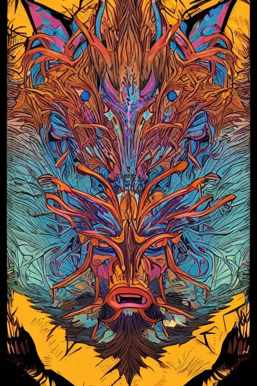 Image similar to animal mask totem roots flower tribal feather gemstone plant wood rock shaman vodoo video game vector cutout illustration vivid multicolor borderlands comics by josan gonzales and dan mumford radiating a glowing aura