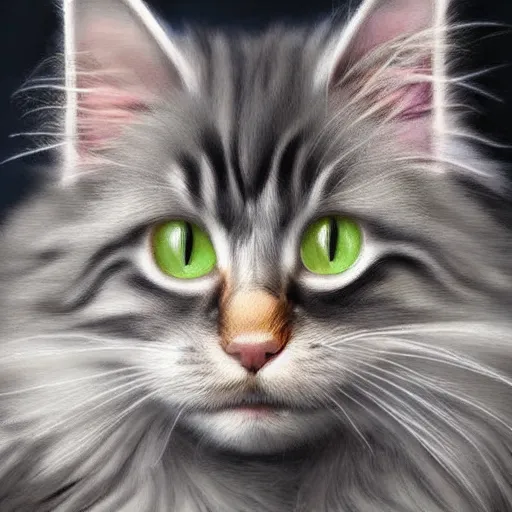 Prompt: extremely detailed portrait of a wise maine coon explaining the beauty of mathematics to its kitten. highly detailed lifelike photorealistic digital painting, artstation.