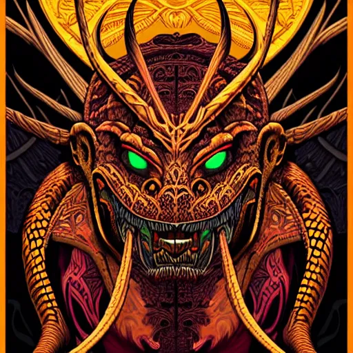 Image similar to back view of barong family member, wiwek, mara demon, one single tribe member, jungle, one single mask, dark, ancient warrior, snake, bull, lizard, alien, dragon, tribal, inner glow, art by dan mumford and justin gerard