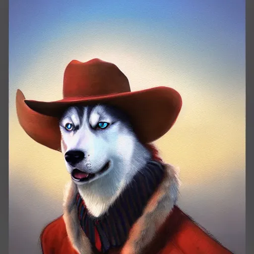 Image similar to a portrait painting of a husky in cowboy costume, wearing a cowboy hat, by studio ghibli, humanoid, personify, anthropomorphic, trending on artstation