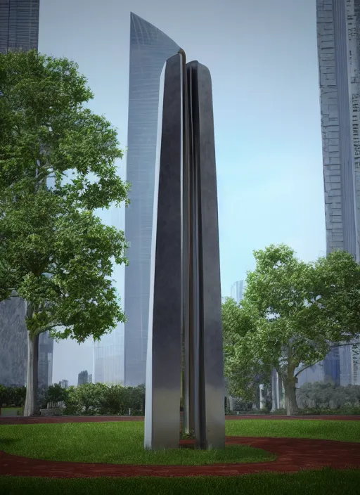 Image similar to highly detailed architecture render of a huge futuristic metallic stele standing in city park, archdaily, made in unreal engine 4