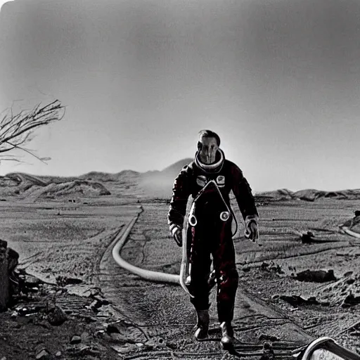 Prompt: Peter Cushing wearing an astronaut suit in an abandoned post apocalyptic western town at sunset, realistic