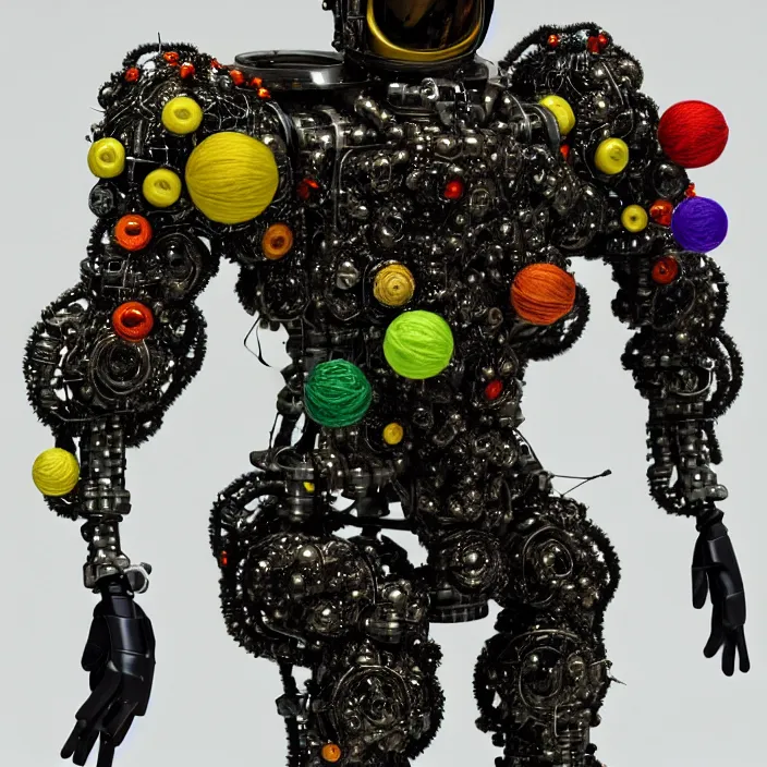 Image similar to a cybernetic symbiosis of a single astronaut mech-organic eva suit made of pearlescent wearing anodized thread knitted shiny ceramic multi colored yarn thread infected with kevlar,ferrofluid drips,carbon fiber,ceramic cracks,gaseous blob materials and diamond 3d fractal lace iridescent bubble 3d skin dotted covered with orb stalks of insectoid compound eye camera lenses orbs floats through the living room, film still from the movie directed by Denis Villeneuve with art direction by Salvador Dalí, wide lens,